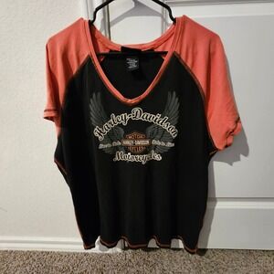 Harley Davidson Motorcycles Women's Black Orange Raglan V Neck T Shirt 1W